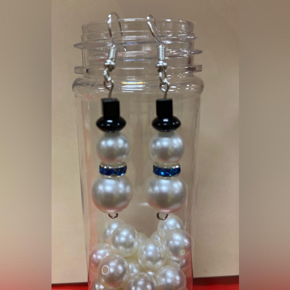 Handmade snowman with blue and silver scarf earrings